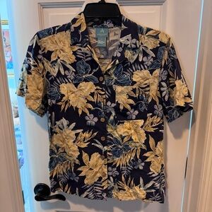 100% Silk Hawaiian Shirt August Silk Blue Floral Small